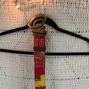 Lucky Brand Red Patchwork Fabric Belt with Gold Sculptural Buckle